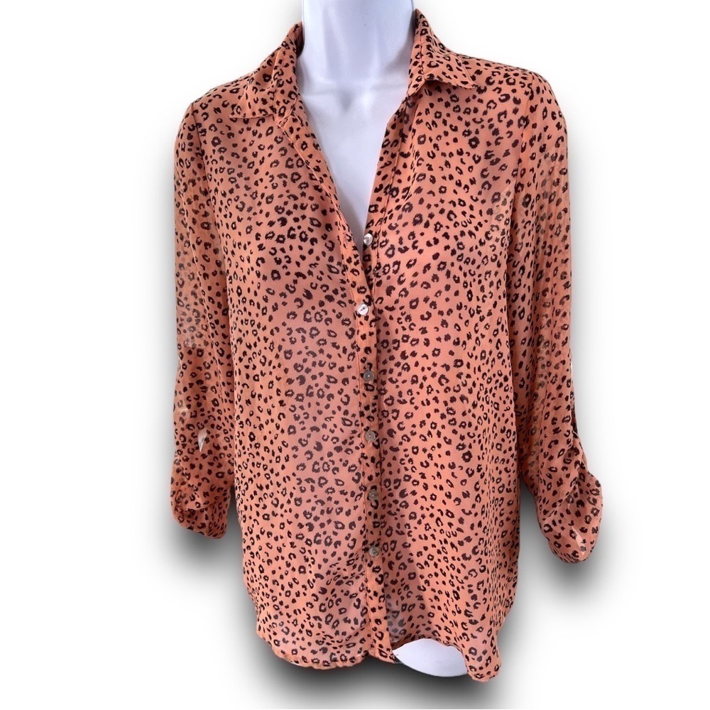 DEB Leopard Print Semi Sheer Black Peach 3/4 Long Sleeve Blouse Top Size S